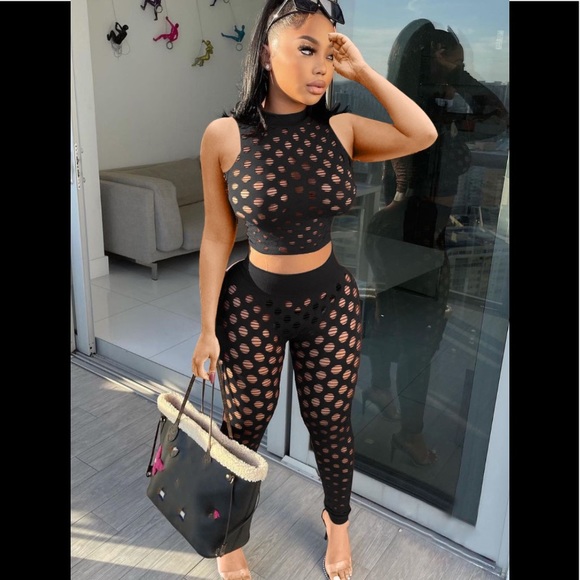 2Pc Sexy Blue Unique Hollow-out Crop Top Elastic Waist & Matching Legging Outfit - Picture 4 of 4